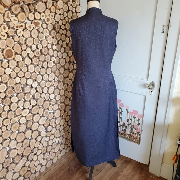 MaxMara Blue Floral Silk Blend Button Down Mandarin Collar Sleeveless Dress 14 - Picture 3 of 7